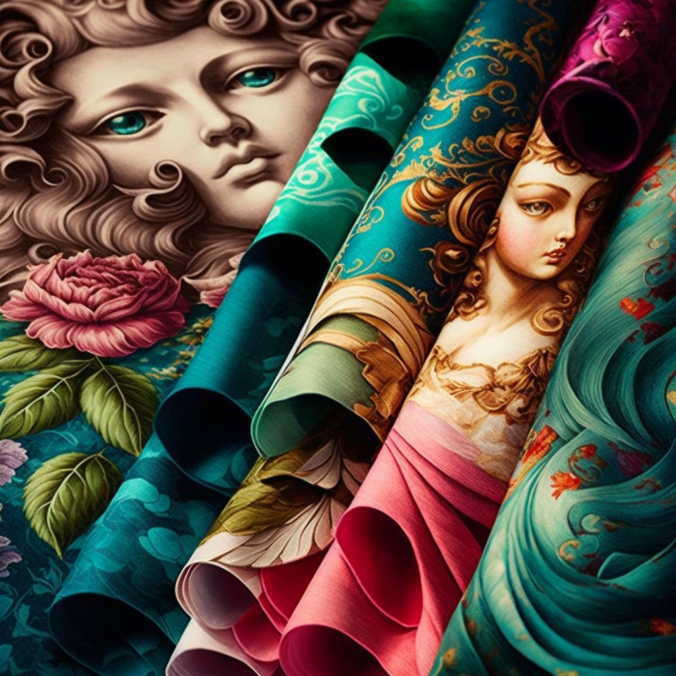 разноцветная ткань с девушками и цветами